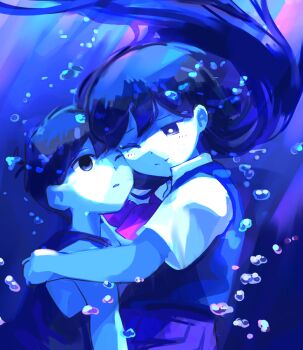  1boy 1girl ;) air_bubble antenna_hair bare_arms bare_shoulders black_eyes black_hair black_tank_top blue_background blue_sweater_vest blue_theme bright_pupils brother_and_sister bubble cheek-to-cheek closed_mouth collared_shirt colored_skin commentary_request double-parted_bangs empty_eyes floating_hair hair_behind_ear hair_between_eyes hand_on_another's_shoulder heads_together hug long_hair looking_at_another looking_up mari_(headspace)_(omori) mari_(omori) neckerchief no_pupils omori omori_(omori) one_eye_closed parted_lips pink_neckerchief pleated_skirt purple_skirt rasu_(pixiv9799832) shirt short_hair short_sleeves siblings simple_background skirt smile submerged sweater_vest tank_top underwater upper_body very_long_hair very_short_hair white_pupils white_shirt white_skin 