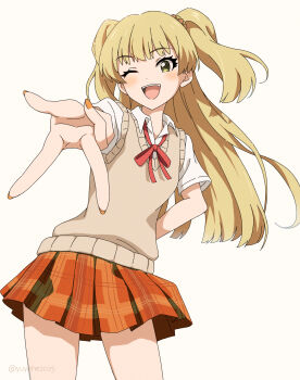 1girl arm_behind_back blonde_hair blush commentary_request green_eyes gyaru_w highres idolmaster idolmaster_cinderella_girls jougasaki_rika long_hair looking_at_viewer one_eye_closed open_mouth orange_nails orange_skirt outstretched_hand plaid_clothes plaid_skirt pleated_skirt red_ribbon ribbon shirt short_sleeves simple_background skirt smile solo sweater_vest twitter_username two_side_up v w white_background white_shirt yuyohe rating:General score:7 user:danbooru