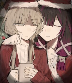  2girls alternate_costume black_hair blue_eyes blush bow brown_hair cholerr closed_eyes closed_mouth columbina_(genshin_impact) commentary cup genshin_impact hair_ornament hair_ribbon hand_on_another's_cheek hand_on_another's_face hat highres holding holding_cup long_hair multicolored_hair multiple_girls purple_hair purple_streaks ribbon sandrone_(genshin_impact) santa_costume santa_hat short_hair_with_long_locks smile streaked_hair two-tone_hair white_bow yuri 