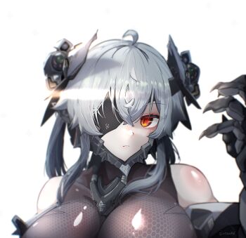  1girl absurdres ahoge bare_shoulders bodystocking bodysuit breasts claws closed_mouth crossed_bangs cyborg eyepatch grey_hair hair_between_eyes hair_ornament headgear hexagon highres honeycomb_(pattern) impossible_bodysuit impossible_clothes large_breasts long_hair looking_at_viewer m004_(natsukaze_shigure) mecha_musume mechanical_arms natsukaze_shigure one_eye_covered original red_eyes science_fiction see-through_cleavage see-through_clothes sidelocks simple_background slit_pupils solo white_background 
