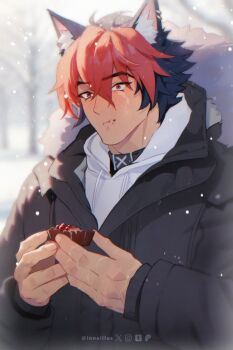  1boy animal_ear_fluff animal_ear_piercing animal_ears arms_up bare_tree black_choker black_hair black_jacket chewing choker commentary drawstring english_commentary food highres holding holding_food hood hood_down hoodie innaillus jacket komano_manato male_focus multicolored_hair outdoors piercing red_hair snowing solo tree two-tone_hair white_hoodie winter winter_clothes wolf_boy wolf_ears zenless_zone_zero 