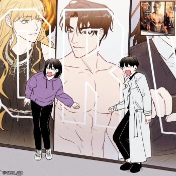  1boy 1girl ad_(object) black_hair black_shirt bob_cut censored censored_nipples coat collared_shirt grin han_sooyoung highres hood hood_down hoodie kim_dokja omniscient_reader's_viewpoint open_clothes open_coat open_mouth photo-referenced purple_hoodie reference_inset shirt short_hair sion_428 smile standing uriel_(omniscient_reader's_viewpoint) white_coat yoo_joonghyuk 