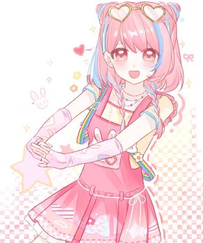  1girl animal_print artist_request bead_necklace beads belt_buckle blue_hair braid brown_eyes buckle chinese_commentary cloud_print commentary_request cone_hair_bun cowboy_shot dot_nose double_bun elbow_gloves eyes_visible_through_hair eyewear_on_head fingerless_gloves floral_print frilled_skirt frills gloves hair_bun hair_ornament happy heart heart-shaped_pupils highres infinity_nikki jewelry light_blush long_hair looking_at_viewer multicolored_hair necklace nikki_(nikki) nikki_(series) open_mouth overall_skirt overalls pink_gloves pink_hair pink_overalls pleated_skirt pocket print_overalls rabbit_print rainbow_belt ribbon-trimmed_sleeves ribbon_trim second-party_source shirt shooting_star_(symbol) short_sleeves shoulder_belt side_braids skirt smile solo sparkle spoken_heart star_(symbol) star_hair_ornament star_print streaked_hair stretching sunglasses sweet_rhapsody_(infinity_nikki) symbol-shaped_pupils t-shirt tareme twin_braids two-tone_hair white_background y2k_fashion yellow-framed_eyewear yellow_shirt 