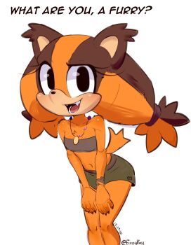  1girl absurdres animal_ears animal_nose artist_name bandeau bare_shoulders black_eyes body_fur bracelet brown_fur brown_hair collarbone english_text fangs female_focus furry furry_(fandom) furry_female green_skirt grey_bandeau hair_tie hands_on_own_thighs happy highres jewelry leaning_forward legs_together long_hair looking_at_viewer midriff miniskirt multicolored_hair navel necklace open_mouth orange_fur orange_hair own_hands_together raised_eyebrow sideways_mouth signature sketch skirt smile solo sonic_(series) sticks_the_badger stomach tail talking teeth tongue twintails twitter_username two-tone_fur two-tone_hair v_arms vixycore 