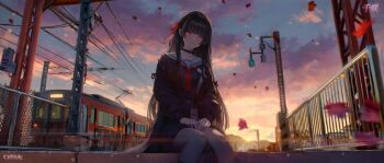  1girl black_hair black_serafuku blender_(medium) blush chain-link_fence character_name chinese_commentary chisa_(wuthering_waves) choker closed_mouth cloud commentary_request falling_leaves fence hair_ribbon highres kazuma_welcome leaf long_hair long_sleeves looking_at_viewer maple_leaf neckerchief outdoors photoshop_(medium) power_lines red_eyes red_neckerchief red_ribbon ribbon sailor_collar sailor_shirt school_uniform serafuku shirt sitting sky solo traffic_light train twilight very_long_hair wuthering_waves 