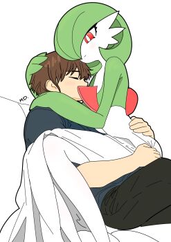  1boy 1girl artist_name black_pants blue_shirt bob_cut bright_pupils brown_hair closed_eyes closed_mouth colored_skin flat_chest flat_color from_side gardevoir gen_3_pokemon green_hair green_skin hair_over_one_eye hand_on_another's_head hand_on_another's_shoulder happy hetero hug interspecies looking_at_another medi_(pixiv_123705920) multicolored_skin mutual_hug nintendo one_eye_covered pants pokemon pokemon_(creature) red_eyes shirt short_hair short_sleeves sidelocks signature simple_background sitting sitting_on_lap sitting_on_person smile two-tone_skin white_background white_pupils white_skin  rating:General score:5 user:AngryZapdos