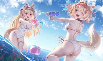  2girls absurdres animal_ears ass ball beachball bikini blue_eyes blue_hair breasts commentary_request cowboy_shot dog_ears dog_girl dog_tail firing fuwawa_abyssgard highres hololive hololive_english komori large_breasts long_hair mococo_abyssgard multicolored_hair multiple_girls ocean one-piece_swimsuit one_eye_closed partial_commentary pink_eyes pink_hair short_hair siblings sisters small_breasts streaked_hair swimsuit tail twins two-tone_hair two_side_up virtual_youtuber white_bikini white_one-piece_swimsuit 