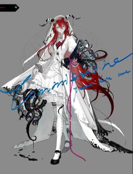  1girl absurdres bandaged_horn black_flower black_horns black_liquid black_shoes blue_eyes bouquet carriann000 choker commentary cross-laced_choker cross-laced_clothes cross-laced_legwear cross-laced_sleeves dagger dress expressionless eye_in_flower flower frilled_dress frills full_body grey_background hair_between_eyes heart_(organ) highres holding holding_bouquet hole_in_chest hole_on_body horn_ornament horns juliet_sleeves knife knife_sheath lace lace-trimmed_dress lace-trimmed_thighhighs lace_trim layered_dress long_hair long_sleeves looking_at_viewer mary_janes medium_dress original pale_skin parted_lips pink_ribbon puffy_sleeves red_hair ribbon see-through_clothes see-through_veil sheath sheathed shoes simple_background skirt_hold solo standing tentacle_clothes tentacles thigh_strap thighhighs torn_clothes torn_dress train_(clothing) veil very_long_hair weapon white_choker white_dress white_thighhighs white_veil 