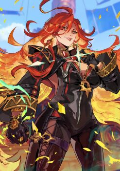  1girl ahoge biker_clothes bikesuit black_bodysuit black_gloves bodysuit breasts clenched_hand commentary cowboy_shot double-parted_bangs earrings english_commentary genshin_impact gloves gradient_hair hair_between_eyes highres jewelry large_breasts long_hair long_sleeves looking_at_viewer mariosdalart mavuika_(genshin_impact) multicolored_hair orange_hair parted_lips red_eyes red_hair smile solo sun_earrings symbol-shaped_pupils very_long_hair zipper zipper_pull_tab 