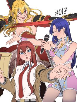  3girls armband blue_eyes blue_hair blush bow bowtie closed_eyes granblue_fantasy highres holding holding_sword holding_weapon idolmaster imai_asami kisaragi_chihaya letter long_hair luxury_(idolmaster) makise_kurisu mefomefo microphone multiple_girls nail_(hardware) necktie numbered open_hands open_mouth red_eyes red_hair science_adventure smile steins;gate sword vira_(granblue_fantasy) voice_actor voice_actor_connection weapon yandere 