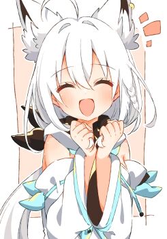  1girl ^_^ ahoge animal_ear_fluff animal_ear_piercing animal_ears closed_eyes commentary_request detached_sleeves dot_nose double-parted_bangs extra_ears fox_ears fox_girl hair_between_eyes happy highres holding holding_own_hair hololive kamimura_hiiro light_blush long_hair looking_at_viewer low_ponytail open_mouth orange_background ponytail shirakami_fubuki shirakami_fubuki_(1st_costume) smile solo upper_body virtual_youtuber white_hair 