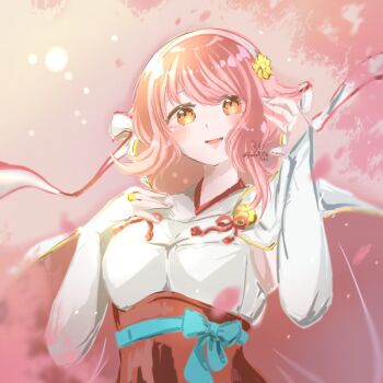  1girl breasts commentary_request fire_emblem fire_emblem_fates hairband highres japanese_clothes looking_at_viewer medium_breasts minto71311 nintendo one-hour_drawing_challenge open_mouth orange_eyes pink_hair sakura_(fire_emblem) smile solo white_hairband 