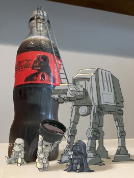  3boys at-at black_boots black_cape boots bottle bottle_cap breath cape chibi coca-cola commentary_request cup darth_vader galactic_empire_(star_wars) highres holding holding_cup mecha mini_person miniboy mosuke_2 multiple_boys photo_background robot rogue_one:_a_star_wars_story science_fiction sitting snowtrooper star_wars star_wars:_the_empire_strikes_back walker_(robot) white_boots 