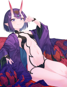  1girl blush breasts coffeekite fate/grand_order fate_(series) highres horns japanese_clothes kimono looking_at_viewer navel open_clothes purple_eyes purple_hair purple_kimono revealing_clothes shuten_douji_(fate) simple_background sitting skin-covered_horns small_breasts smile solo  rating:Questionable score:8 user:Magicman98