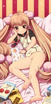  10s 1girl 2012 ahoge arm_rest bad_id bad_pixiv_id bare_legs barefoot bed bed_sheet blonde_hair blush book bottomless brown_eyes cellphone cherry chocolate closed_mouth cookbook english_text feet female_focus food fruit hair_bobbles hair_ornament head_rest hood hoodie idfer indoors kodomo_no_jikan kokonoe_rin loli long_hair looking_at_viewer lying on_bed open_book phone pussy pussy_peek room shiny_skin smartphone smile soles solo solo_focus toes tsurime twintails very_long_hair watch wristwatch  rating:Questionable score:77 user:VampireQueenDespair