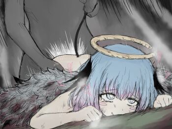  1boy 1girl all_fours arms_up ass black_souls black_souls_2 black_tail black_wings blood bloody_wings blue_eyes blue_hair blush broken_halo cum fake_halo feathered_wings furrowed_brow grey_background grey_wings hair_between_eyes hair_over_eyes halo heart lingeriena_(black_souls) looking_up on_floor open_mouth pink_hair sex sex_from_behind short_hair simple_background spoken_heart tail tearing_up tears torogao wings wrangelina yellow_halo  rating:Explicit score:50 user:danbooru