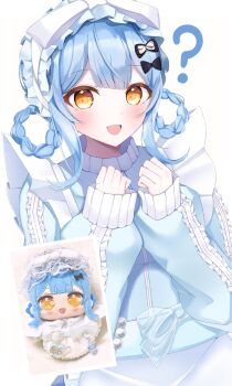  1girl ? absurdres alternate_costume black_bow blue_hair blue_jacket bow braid braided_hair_rings character_doll commentary_request doll hair_bow hair_ribbon hair_rings hands_up highres jacket long_sleeves looking_at_viewer maddo_(gasser_0518) mahou_shoujo_no_majo_saiban open_mouth photo_inset ribbon sleeves_past_wrists smile solo tachibana_sherry track_jacket white_ribbon yellow_eyes 