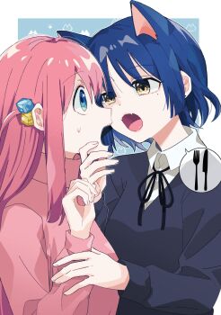  2girls animal_ears blue_hair blue_sweater bocchi_the_rock! breasts cat_ears cat_girl commentary_request cube_hair_ornament fang fork gotoh_hitori hair_ornament hand_on_another's_chin high_collar highres imminent_bite knife long_hair long_sleeves medium_breasts mole mole_under_eye multiple_girls open_mouth pink_hair pink_track_suit shirt short_hair side_ahoge speech_bubble sweatdrop sweater teeth track_suit upper_body upper_teeth_only white_shirt yamada_ryo zousui1234 