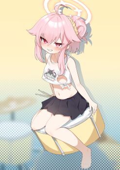  1girl absurdres adapted_costume ahoge animal_print bare_arms bare_legs bare_shoulders barefoot belly black_skirt blue_archive blush breasts cat_print chinese_commentary commentary_request dot_nose drop_shadow drum drumsticks eyes_visible_through_hair feet full_body grin hair_between_eyes hair_bun hair_intakes hair_ornament hair_scrunchie halo highres holding holding_drumsticks instrument knees_together_feet_apart loli long_hair looking_at_viewer marshal_(artist) miniskirt natsu_(band)_(blue_archive) natsu_(blue_archive) navel no_bra nose_blush official_alternate_costume official_alternate_hairstyle pink_hair pink_halo pleated_skirt print_shirt red_eyes scrunchie shirt sidelocks simple_background single_hair_bun sitting sitting_on_drum skirt sleeveless sleeveless_shirt small_breasts smile smug solo stomach teeth thighs tied_shirt toenails toes underboob white_shirt yellow_background yellow_scrunchie 