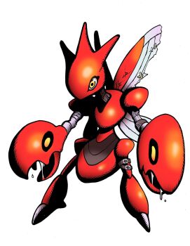  1other belt belt_buckle bravefarm2 buckle claws colored_skin commentary_request crossed_bandaids digimon full_body gen_2_pokemon highres horns insect_wings metal_skin nintendo no_humans parody pincers pokemon pokemon_(creature) red_skin saliva scizor simple_background solo standing style_parody thigh_belt thigh_strap veins watanabe_kenji_(style) white_background wings 