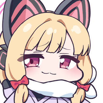  1girl :3 absurdres animal_ear_headphones animal_ears blonde_hair blue_archive blush bow cat_ear_headphones cat_ears closed_mouth eyes_visible_through_hair fake_animal_ears hair_bow halo headphones highres hood hood_down hooded_jacket jacket looking_at_viewer low-tied_sidelocks momoi_(blue_archive) momoi_(winter)_(blue_archive) official_alternate_costume panatisia parted_bangs pink_eyes pink_halo portrait purple_jacket raised_inner_eyebrows red_bow scarf sidelocks simple_background smile solo white_background white_scarf winter_clothes 