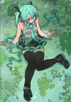  1girl aqua_eyes aqua_hair aqua_nails aqua_necktie aqua_skirt armpit_crease artist_name black_shoes black_skirt black_thighhighs commentary from_above grey_shirt hair_flowing_over hatsune_miku highres lily_pad long_hair looking_to_the_side mikashiyaaa necktie partially_submerged ripples shallow_water shirt shoes sidelocks signature sitting skindentation skirt sleeveless sleeveless_shirt solo thighhighs translation_request twintails two-tone_skirt untranslatable_commentary very_long_hair vocaloid water watermark 