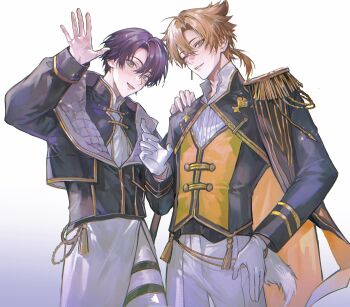  2boys absurdres blush brown_hair commentary_request cowboy_shot earrings epaulettes flower_stand_art fushimi_gaku gloves gradient_background hand_on_another's_shoulder highres jewelry kenmochi_touya male_focus multiple_boys nijisanji one_eye_closed pants parted_bangs purple_hair shoulder_boards simple_background single_earring single_epaulette tassel tsuta1218 virtual_youtuber white_gloves white_pants 