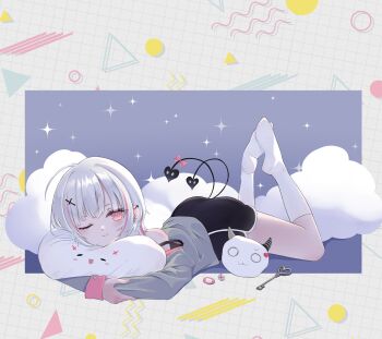  1girl asumi_sena black_shorts closed_mouth commentary cross_hair_ornament dear_arisu demon_tail dolphin_shorts feet_up full_body grey_shirt hair_ornament highres hugging_object key long_sleeves looking_at_viewer lying multicolored_hair multiple_tails no_shoes on_stomach parted_bangs pillow pillow_hug pink_eyes pink_streaks shirt short_hair shorts single_bare_shoulder smile socks solo streaked_hair symbol-only_commentary tail two_tails virtual_youtuber vspo! white_hair white_socks 