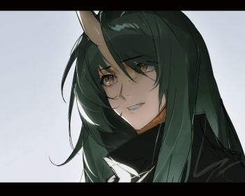  1girl arknights facial_scar green_hair grey_background hair_between_eyes highres horns hoshiguma_(arknights) letterboxed long_hair scar scar_on_cheek scar_on_face single_horn skin-covered_horns smile solo upper_body wushui_zhan_nao_geng yellow_eyes 