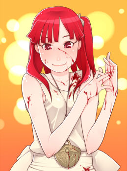  1girl blood breasts closed_mouth dress eyebrows_hidden_by_hair g-room_honten graphite_(medium) long_hair looking_at_viewer magi_the_labyrinth_of_magic medium_breasts morgiana one_side_up red_eyes red_hair smile solo traditional_media  rating:Sensitive score:7 user:danbooru