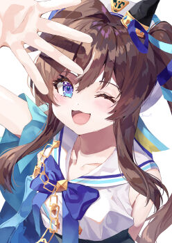  1girl absurdres anchor_necklace animal_ears beret blue_bow blush bow breasts brown_hair collarbone commentary_request ear_covers hair_between_eyes hat highres horse_ears horse_girl jewelry long_hair looking_at_viewer multicolored_hair necklace one-piece_swimsuit one_eye_closed open_mouth purple_eyes ribbon sailor_collar shirt simple_background single_ear_cover smile solo streaked_hair swimsuit swimsuit_under_clothes twintails umamusume upper_body vivlos_(umamusume) vivlos_(voyage_etincelant)_(umamusume) white_background white_hat white_sailor_collar white_shirt yoru_usagi 