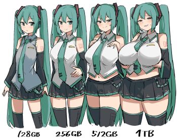  4girls alternate_breast_size aqua_eyes aqua_hair bare_shoulders black_skirt black_sleeves blush breast_expansion breast_lift breasts closed_mouth comparison cropped_legs detached_sleeves grabbing_own_breast hair_between_eyes hatsune_miku highres huge_breasts large_breasts long_hair looking_at_viewer medium_breasts miniskirt multiple_girls multiple_persona necktie shirt simple_background skirt sleeveless sleeveless_shirt small_breasts smile standing sweatdrop tenten_(chan4545) thighhighs twintails very_long_hair vocaloid weight_gain white_shirt  rating:Sensitive score:166 user:danbooru