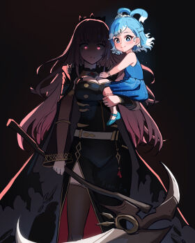  2girls aged_down black_background black_cape black_tiara blue_dress blue_eyes blue_hair blue_shoes bracelet braid breasts cape carrying child_carry cleavage colored_tips commentary dress english_commentary father_and_daughter feet_out_of_frame fian_f.n half_up_braid highres holding holding_scythe hololive hololive_english hololive_indonesia jewelry kobo_kanaeru large_breasts liquid_hair long_hair looking_at_viewer mori_calliope mori_calliope_(1st_costume) multicolored_hair multiple_girls pink_eyes pink_hair scythe serious shoes shoulder_spikes simple_background sleeveless sleeveless_dress smile spiked_cape spikes split_ponytail standing straight-on thighhighs tiara two-tone_hair virtual_youtuber 