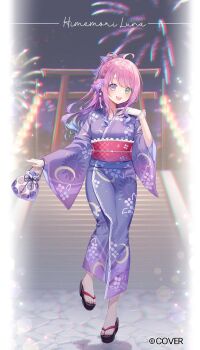  1girl :d ahoge anaglyph bag black_sandals blue_hair blurry blurry_background bow braid character_name commentary_request copyright_notice crescent_print feet fireworks floating_hair floral_print flower full_body gloves gradient_hair green_eyes hair_bow hair_flower hair_ornament hand_up heterochromia highres himemori_luna himemori_luna_(holonatsu_paradise) hololive japanese_clothes kimono lace lace_gloves long_hair looking_at_viewer multicolored_hair nail_polish night obi official_alternate_costume official_alternate_hairstyle official_art okobo open_mouth pink_hair pink_nails platform_sandals ponytail print_kimono purple_eyes purple_hair purple_kimono red_sash sandals sash side_braid sidelocks smile solo standing standing_on_one_leg summer_festival swept_bangs taya_oco teeth toenail_polish toenails toes upper_teeth_only virtual_youtuber wavy_hair white_gloves wide_sleeves yukata 