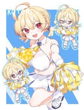  +_+ 1girl :d absurdres ahoge bare_shoulders belly black-framed_eyewear blonde_hair blue_archive blue_background blush border braid breasts character_name cheerleader chibi chibi_inset cleavage closed_mouth commentary_request detached_collar dutch_angle foot_out_of_frame full_body glasses hair_between_eyes highres holding holding_pom_poms huge_ahoge kisaka kotori_(blue_archive) kotori_(cheer_squad)_(blue_archive) large_breasts looking_at_viewer low_twintails millennium_cheerleader_outfit_(blue_archive) multiple_views no_halo official_alternate_costume official_alternate_hairstyle open_mouth outline outside_border plump pom_pom_(cheerleading) pom_poms red_eyes semi-rimless_eyewear shoes short_twintails side_braids simple_background skirt smile smug socks sparkle sports_bra standing standing_on_one_leg teardrop-framed_glasses twintails under-rim_eyewear v-shaped_eyebrows white_border white_outline white_shoes white_skirt white_socks white_sports_bra 
