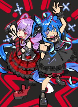  :d absurdres ahoge animal_ears bang_dream! bang_dream!_girls_band_party! black_dress black_nails blue_eyes blue_hair blush bourbunbun bow commentary crossed_bangs dress english_commentary fang hair_ornament heterochromia highres horse_ears horse_girl horse_tail jacket jewelry long_hair long_sleeves multicolored_hair multiple_girls open_mouth purple_eyes purple_hair red_eyes roselia_(bang_dream!) sharp_teeth shirt sidelocks skirt smile tail teeth twin_turbo_(umamusume) twintails udagawa_ako umamusume 