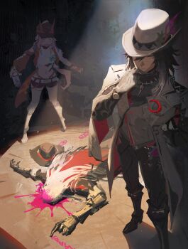  1girl 2boys ashveil_(honkai:_star_rail) black_hair blood boothill_(honkai:_star_rail) boots commentary crescent crescent_pin crop_top cropped_jacket cutoffs dying_message english_commentary fedora full_body gloves grey_eyes hand_on_own_chin hat high_heel_boots high_heels highres honkai:_star_rail honkai_(series) jacket jewelry long_hair mechanical_arms midriff multiple_boys necklace on_floor open_clothes open_jacket pants pink_blood pink_hair qosic rappa_(honkai:_star_rail) shorts tooth_necklace very_long_hair vest waistcoat white_hair wide-eyed 