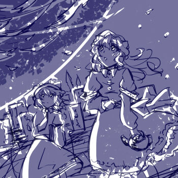  2girls armband back_bow black_hat blonde_hair bow buttons closed_mouth collared_dress dress dress_bow frilled_dress frills ghostly_field_club graveyard hair_between_eyes hair_bow hand_on_own_hat hat hat_bow holding holding_teapot looking_afar maribel_hearn medium_hair mob_cap multiple_girls necktie open_mouth petals sanwa_no_jako_(daikichi_club) sash shirt short_hair skirt sleeve_garter teapot touhou usami_renko white_armband white_bow white_hat 