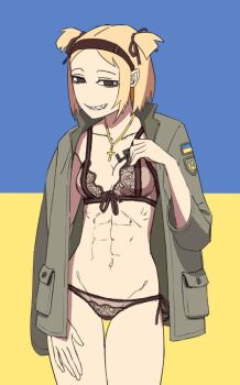  1girl abs alternate_hairstyle blonde_hair bra breast_tattoo brown_eyes brown_jacket cowboy_shot cross cross_necklace flag_background grin hand_on_own_thigh hand_up jacket jewelry lace lace-trimmed_bra lace-trimmed_panties lace_trim limestone_(artist) looking_at_viewer marichka nazi necklace open_clothes open_jacket original panties pocket sharp_teeth short_twintails smile soldier solo stomach swastika swastika_tattoo tattoo teeth tryzub twintails ukrainian_flag underwear 