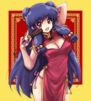  1girl china_dress chinese_clothes cowboy_western double_bun dress fan folding_fan hair_bun hand_fan long_hair purple_hair ranma_1/2 ribbon shampoo_(ranma_1/2) sidelocks smile 