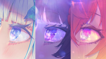  3girls ange_katrina blue_hair blush brown_hair close-up cloud cloudy_sky column_lineup commentary_request day eye_focus eye_reflection eyelashes from_side highres inui_toko kutori_pan'ya lize_helesta looking_up multicolored_hair multiple_girls night nijisanji purple_eyes red_hair reflection sanbaka_(nijisanji) sky star_(sky) starry_sky streaked_hair sunset two-tone_hair virtual_youtuber white_hair 