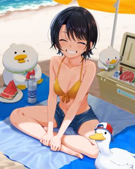 1girl alternate_costume armpit_crease barefoot beach beach_towel beach_umbrella bikini bird black_hair blue_shorts blush bottle breasts closed_eyes collarbone commentary_request cooler day duck feet food fruit highres hololive indian_style kanami_yuu legs medium_breasts medium_hair oozora_subaru outdoors pocari_sweat short_shorts shorts sitting smile solo subaru_duck swimsuit teeth toenails toes towel umbrella virtual_youtuber water_bottle watermelon watermelon_slice yellow_bikini