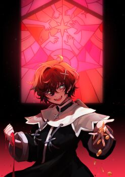  1boy absurdres ahoge alternate_costume bishounen black_dress blood blood_on_hands coin dress fangs gold_coin hair_ornament hairpin highres holostars holostars_english long_sleeves looking_at_viewer machina_x_flayon male_focus nun open_mouth red_hair short_hair stained_glass teeth tehnyo upper_body upper_teeth_only virtual_youtuber 