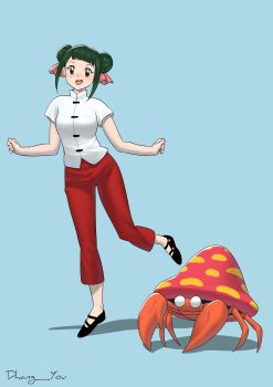 1girl cassandra_(pokemon) changshan chinese_clothes dhang_you gen_1_pokemon green_hair hair_buns looking_at_viewer mary_janes nintendo orange_eyes parasect pokemon pokemon_(anime) pokemon_(classic_anime) pokemon_ep044 shoes smile