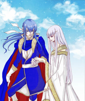 blue_cape blue_coat blue_hair blue_sky brother_and_sister cape circlet coat commentary_request dress feet_out_of_frame fire_emblem fire_emblem:_genealogy_of_the_holy_war full_body gloves gold_trim hachi_(hachinoko) half-siblings headband holding_hands julia_(fire_emblem) light_smile long_hair long_sleeves low_ponytail nintendo outdoors parted_lips ponytail purple_eyes red_cape seliph_(fire_emblem) siblings sky standing two-sided_cape two-sided_fabric white_coat white_dress white_gloves white_hair white_headband wide_sleeves 