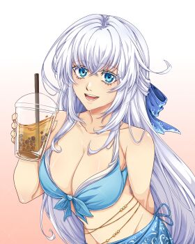  1girl absurdres arm_behind_back bare_shoulders bikini blue_bikini blue_eyes breasts bubble_tea cleavage collarbone commentary commission crossed_bangs cup disposable_cup double-parted_bangs drink eiyuu_densetsu english_commentary front-tie_bikini_top front-tie_top gradient_background hair_between_eyes half_updo highres holding holding_cup holding_drink kuro_no_kiseki_(series) large_breasts long_hair looking_at_viewer open_mouth shizuna_rem_misurugi sidelocks smile solo swimsuit upper_body white_background yuzukiyo 