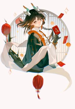  1girl absurdres arknights black_gloves black_hair blue_eyes bracelet braid bright_pupils chinese_commentary chinese_new_year closed_mouth commentary_request cropped_torso dragon_horns earrings eastern_dragon_horns food from_side fruit gloves highres holding hongbao horns jewelry jie_(arknights) lantern long_hair long_sleeves looking_at_viewer looking_to_the_side male_focus multicolored_eyes multicolored_hair orange_(fruit) orange_eyes orange_hair pearl_bracelet pointy_ears side_braid simple_background single_braid smile solo sparkle streaked_hair tail tassel upper_body white_pupils wide_sleeves yangzaozao 