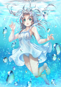  1girl air_bubble bare_shoulders barefoot breasts brown_hair bubble caustics commentary_request curtained_hair dress full_body green_eyes highres long_hair looking_at_viewer medium_breasts ootake_tomoko open_mouth original panties pantyshot sleeveless sleeveless_dress smile solo sundress top_of_moe_2020 underwater underwear wardrobe_malfunction white_dress white_panties 
