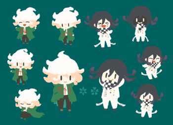  >_< 2boys ^_^ aqua_background arms_behind_head belt belt_buckle black_eyes black_pants black_scarf black_shoes brown_shoes buckle buttons chain checkered_clothes checkered_scarf cherry_blossoms chibi clenched_hands closed_eyes closed_mouth commentary_request crying danganronpa_(series) danganronpa_2:_goodbye_despair danganronpa_v3:_killing_harmony double-breasted evil_smile frown green_jacket hair_between_eyes hand_on_own_chin hands_in_pockets happy hitofutarai hood hood_down hooded_jacket jacket komaeda_nagito long_sleeves male_focus messy_hair multicolored_buttons multiple_boys multiple_views oma_kokichi open_belt open_clothes open_jacket open_mouth outstretched_arm outstretched_hand pants print_shirt purple_hair sad scarf shaded_face shirt shoes short_hair shrugging sidelocks simple_background sleeping smile solid_oval_eyes standing straight-on teardrop thigh_belt thigh_strap thinking two-tone_scarf wavy_mouth white_belt white_hair white_jacket white_pants white_scarf white_shirt 