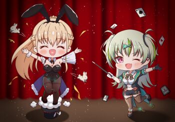  2girls :d ;d ^_^ absurdres animal_ear_hairband animal_ears asymmetrical_gloves bare_shoulders black_gloves black_hairband black_leotard black_pantyhose black_shorts blonde_hair blush blush_stickers braid breasts brown_thighhighs chibi chibi_only cleavage closed_eyes commentary_request covered_navel crop_top curtains detached_sleeves facing_viewer fake_animal_ears fish_hair_ornament full_body gloves green_hair green_streaks hair_between_eyes hair_ornament hairband half_up_braid happy hat heart heart_in_mouth heaven_burns_red highres large_breasts leotard long_hair looking_at_viewer magician medium_breasts midriff mismatched_gloves multicolored_hair multiple_girls official_alternate_costume official_alternate_hairstyle one_eye_closed ooshima_isuzu ooshima_isuzu_(magic_of_smiles) open_mouth outstretched_arms pantyhose pink_eyes playboy_bunny ponytail puff_of_air rabbit_ear_hairband rabbit_ears short_shorts shorts sidelocks single_sleeve sizmaru11 smile smug stage standing standing_on_one_leg strapless strapless_leotard streaked_hair striped_clothes striped_thighhighs thighband_pantyhose thighhighs top_hat toujou_tsukasa toujou_tsukasa_(bunny_fight_deviation) unworn_hat unworn_headwear v-shaped_eyebrows vertical-striped_clothes vertical-striped_thighhighs very_long_hair white_gloves white_wrist_cuffs wrist_cuffs zettai_ryouiki 